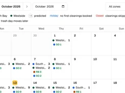 Monthly October 2026 calendar displaying scheduled cleanings by zone, predicted work, holidays, closures, and hauler changes.
