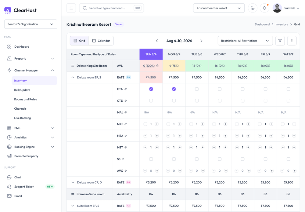 ClearHost desktop inventory grid with room types, availability, rates, and daily channel-management restrictions.