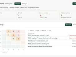 Risk register dashboard with open-risk metrics, probability-severity risk map, and review-due list.