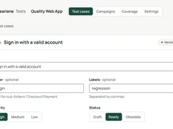 Test case editor for a valid-account sign-in test, with folder, labels, priority, and status fields.