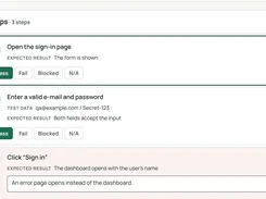 Test execution steps with pass, fail, blocked, and N/A result controls.