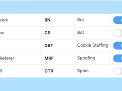Table-style interface listing Bot Network, ClickSpam, Dolt Bot, Missing Referer, and High CTR with classification labels and toggle controls.