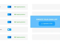 ClearTrust-style settings interface showing content categories, on/off switches, trapping-session statuses, and an “Upload a CSV” panel.