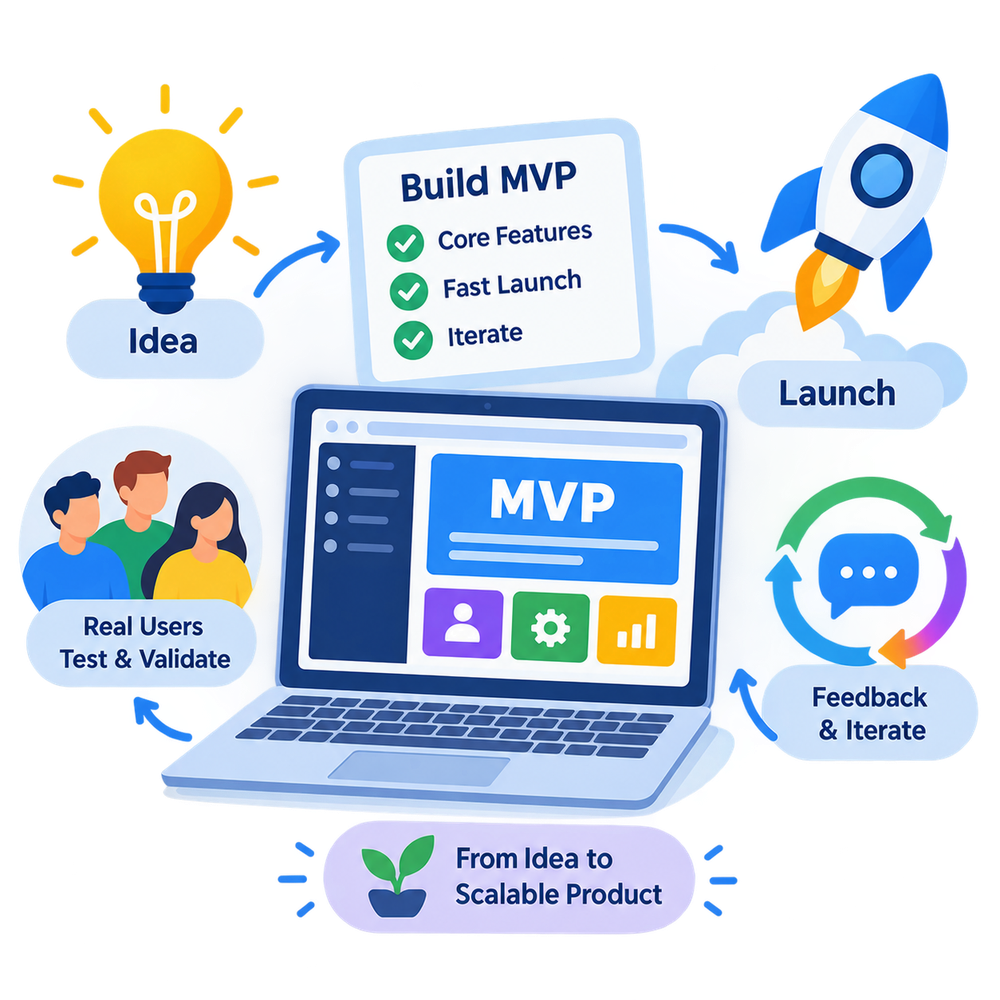 MVP workflow showing idea, core features, user validation, launch, and feedback iteration.