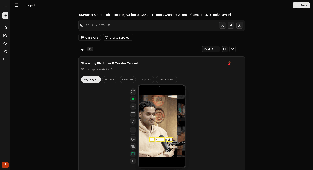 Dark Cliphi project page listing generated clips from a podcast episode, with clip categories, editing tools, and a vertical preview.