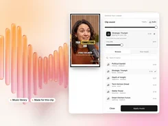 Cliphi sound-selection panel with volume controls and a list of music tracks beside a vertical clip preview.