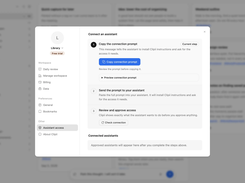 Clipii settings, Assistant access: the three-step flow to connect an assistant and approve access.