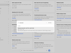 Clipii search overlay: a "transcript" query with the All fields filter returning one matching podcast note.
