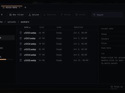 Dark-themed file manager interface for a minio-data volume, listing image files in an uploads/avatars folder with storage usage and folder information panels.