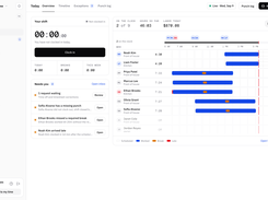 Live team dashboard: see who is on the clock right now, hours and labor cost so far today, a visual shift timeline with breaks, and an inbox of things that need you, like late arrivals, missed breaks, and missing punches.