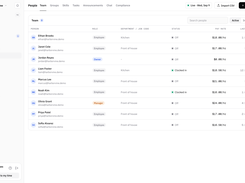 Team directory: every employee with role, department, pay rate, live clock-in status, and last seen time. Add staff one at a time or import from CSV.