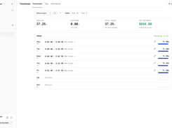 Employee timesheet: daily punches with breaks, rounding, regular and overtime hours, and a pay estimate for the week. Managers can edit entries with a full audit trail.