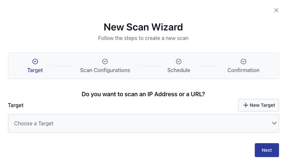A “New Scan Wizard” interface showing the Target step, a target selector, a New Target button, and Next button.
