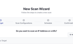 A “New Scan Wizard” interface showing the Target step, a target selector, a New Target button, and Next button.