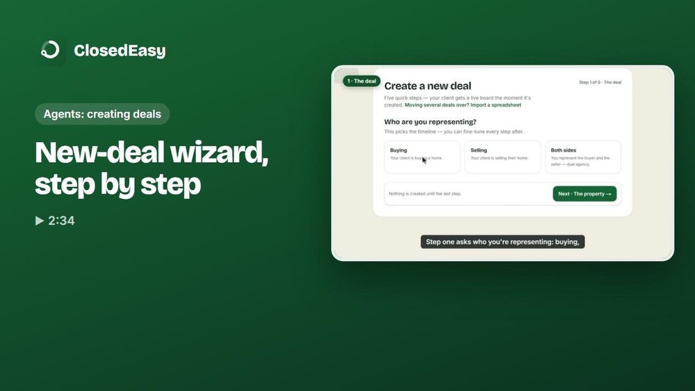 ClosedEasy new-deal wizard screen asking who the user is representing, with Buying, Selling, and Both sides options.