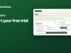 ClosedEasy billing page showing an Agent Pro free-trial plan, plan features, and support contact options.