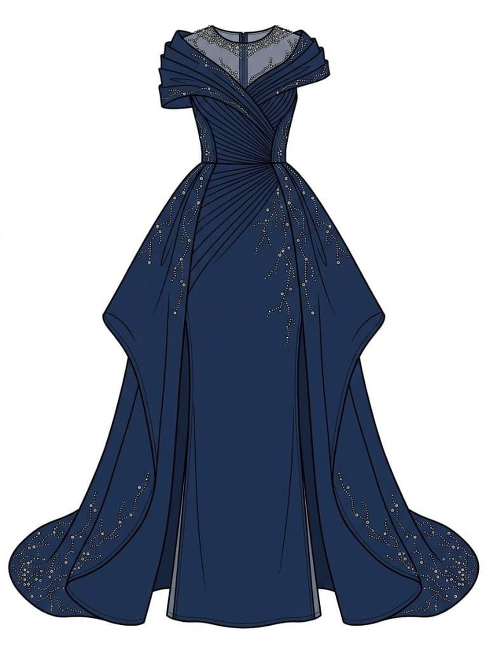 Colored fashion illustration of a dark navy off-the-shoulder gown with bead-like embellishments and a long train.