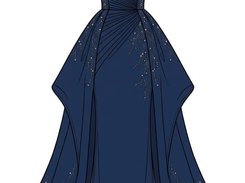 Colored fashion illustration of a dark navy off-the-shoulder gown with bead-like embellishments and a long train.