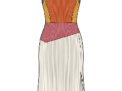 Colored technical fashion drawing of a sleeveless ribbed maxi dress with a dark green high collar, multicolored fitted bodice, pale skirt, and front slit.