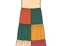 Colored fashion drawing of a sleeveless tiered maxi dress with thin shoulder straps and cream, orange, green, and pink panels.