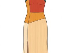 Colored rear-view technical fashion drawing of a high-neck multicolored ribbed maxi dress with a back slit.