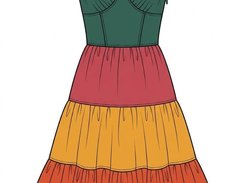 Colored fashion drawing of a tiered dress with green fitted bodice, pink and gold skirt tiers, and orange hem tier.
