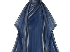 Painterly fashion rendering of a dark blue off-the-shoulder gown with draped layers, bead-like embellishments, and a train.