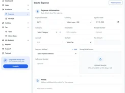 Cloudtryx Invoice Create Expense form with fields for expense number, currency, date, category, description, tax, payment method, receipt attachment, and notes.