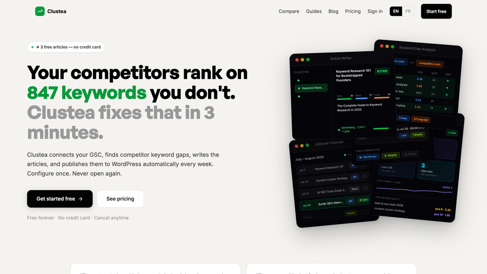 Keyword gap analysis: find every keyword your competitors rank for that you don't, in about 3 minutes.