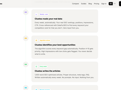 Search Console insights: striking-distance keywords, low-CTR pages and hidden gems surfaced automatically from your own data.