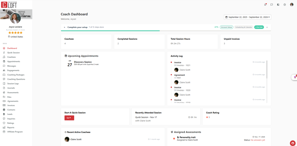 Coach dashboard - active coachees, sessions, hours and unpaid invoices at a glance