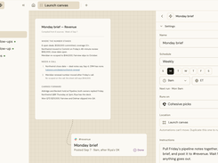 Schedule recurring work. The agent compiles the Monday brief and posts it to Slack after a teammate's OK.
