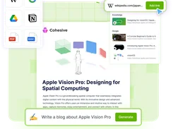 Cohesive writing workspace showing source icons, a Wikipedia link field, search results, an article about Apple Vision Pro, and a “Write a blog about Apple Vision Pro” Generate prompt.