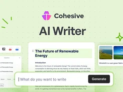 Cohesive AI Writer promotional interface showing a renewable-energy article, suggestion panel, image thumbnails, source icons, and a “What do you want to write” Generate prompt.