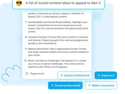 A Cohesive-generated text panel titled “A list of social content ideas to appeal to Gen Z,” with Regenerate, Sound professional, Improve it, and Make it assertive controls.