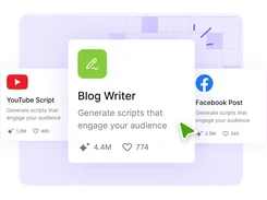 Three Cohesive template cards labeled YouTube Script, Blog Writer, and Facebook Post, with engagement counts and a cursor over the Blog Writer card.