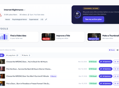 CollabPals channel dashboard for “Internet Nightmares,” with channel score, AI tools, and a list of videos with optimization actions.