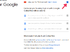 Google sign-in permissions screen asking the user to select what CollabPals can access, including YouTube account access.