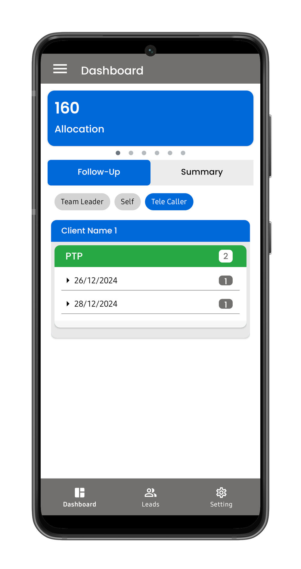 Mobile dashboard showing an allocation total, Follow-Up and Summary tabs, role filters, and dated follow-up items for a client.