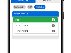 Mobile dashboard showing an allocation total, Follow-Up and Summary tabs, role filters, and dated follow-up items for a client.