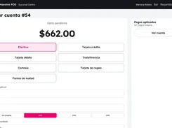 ComandaMaestra POS payment screen for account 54, showing a pending balance, payment-method buttons, amount, and tip controls.
