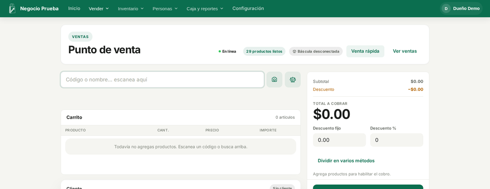 Spanish point-of-sale screen showing navigation, a product search field, an empty cart, and a zero-value payment summary.