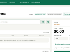 Spanish point-of-sale screen showing navigation, a product search field, an empty cart, and a zero-value payment summary.