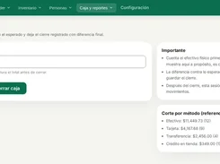 Spanish cash-closing screen with a cash-amount field, cancellation and closing buttons, instructions, and a payment-method breakdown.