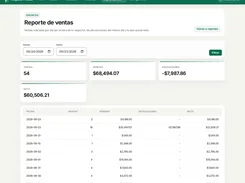 Spanish sales-report screen with date filters, summary cards for sales and returns, and a daily sales table.