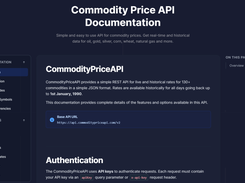 CommodityPriceAPI documentation showing available endpoints and how to integrate them.