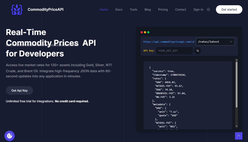 CommodityPriceAPI homepage, real-time and historical pricing data for metals, energy, and agricultural commodities.