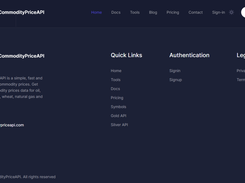 CommodityPriceAPI site footer with quick links to docs, pricing, and support.