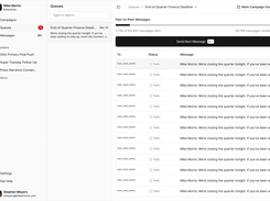 Work through peer-to-peer messages with campaign progress, remaining volume, and a per-message send action.
