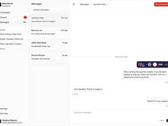 Manage one-to-one conversations after recipients reply, with message history, filtering, SMS replies, and rich media in one inbox.